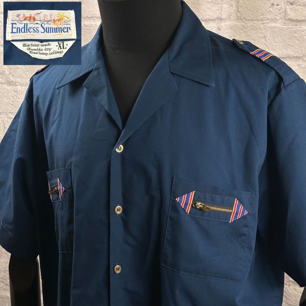 VTG 70s Endless Summer Button-Up Surf Military Shirt Mens XL Zippered Pocket VLV